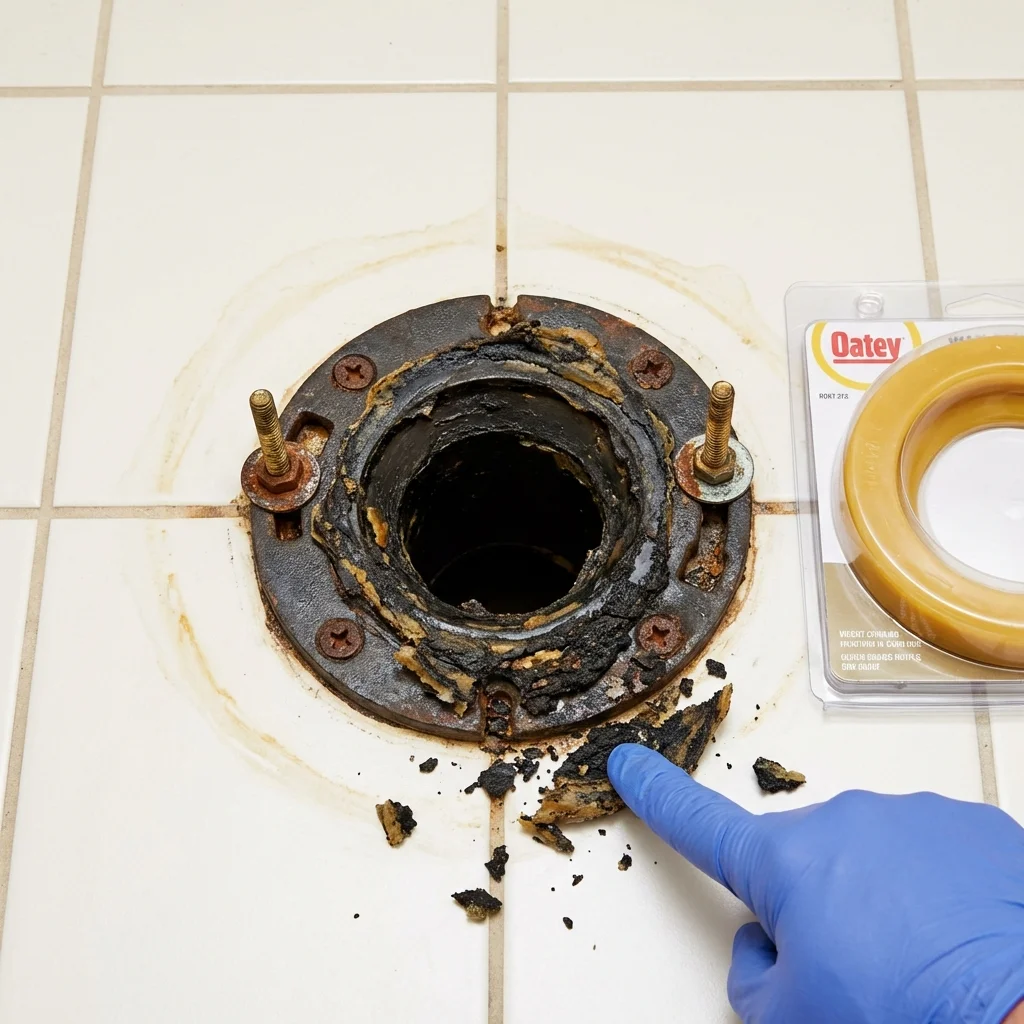 Failed wax ring showing water seepage at the base of a toilet in a Shrewsbury, NJ home