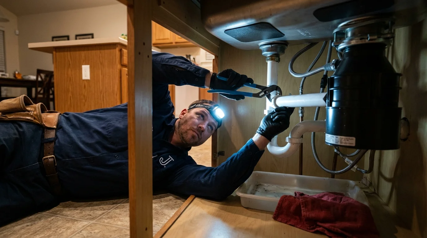 P-trap and supply line connections under a kitchen sink showing a common leak point in Shrewsbury, NJ
